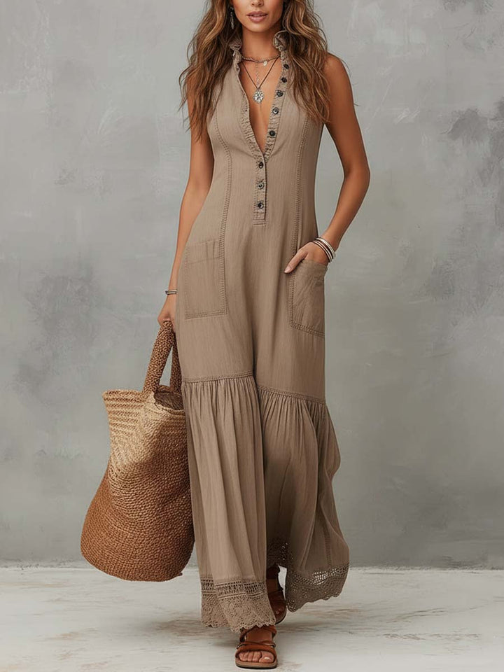 Claudia | Vestido comprido de algodão fluído sem mangas, em tom areia