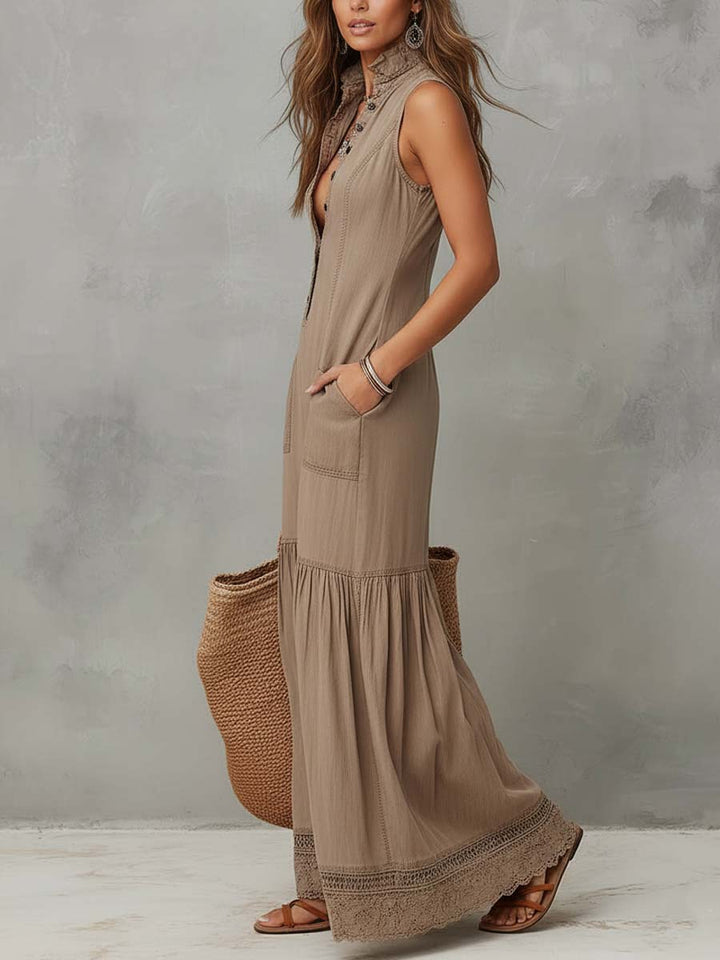 Claudia | Vestido comprido de algodão fluído sem mangas, em tom areia