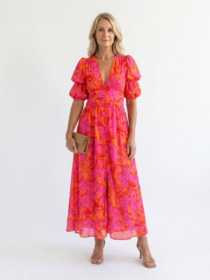 Willow | Vestido Midi com Manga Balão e Decote em V Floral