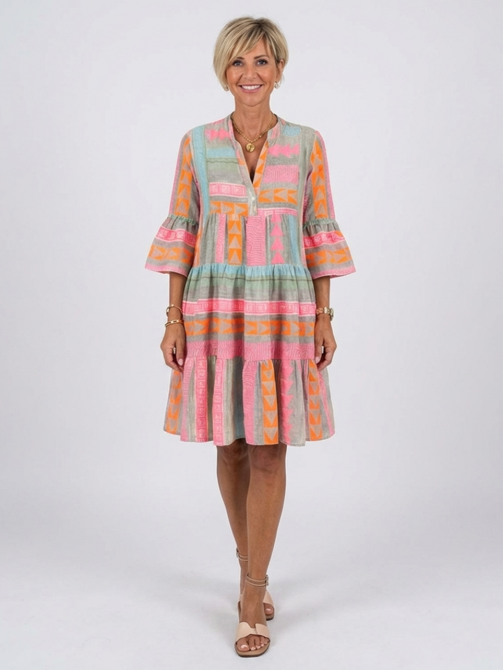 Maelle | Vestido Midi com Decote em V e Camadas, com Padrão Geométrico