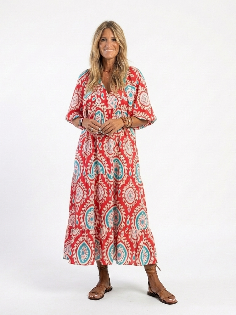 Zaria | Vestido Midi de Manga Curta com Decote em V e Estampado Paisley