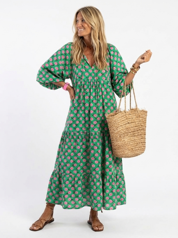 Fiora | Vestido Midi com Decote em V e Camadas com Padrão Floral