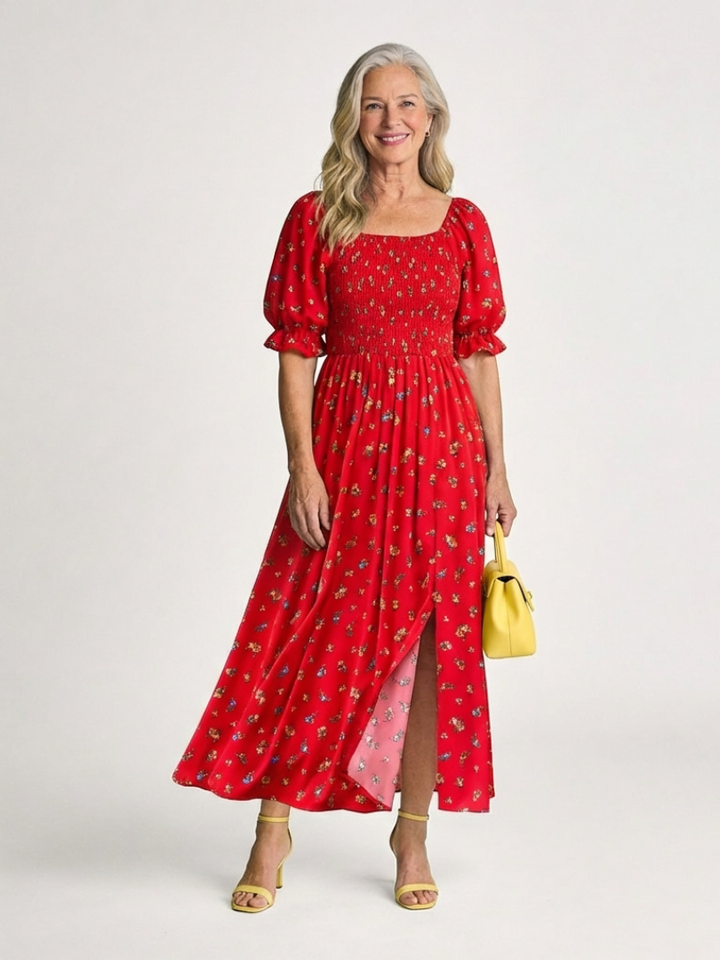 Delphine | Vestido Midi Floral com Mangas Bufantes e Decote Quadrado