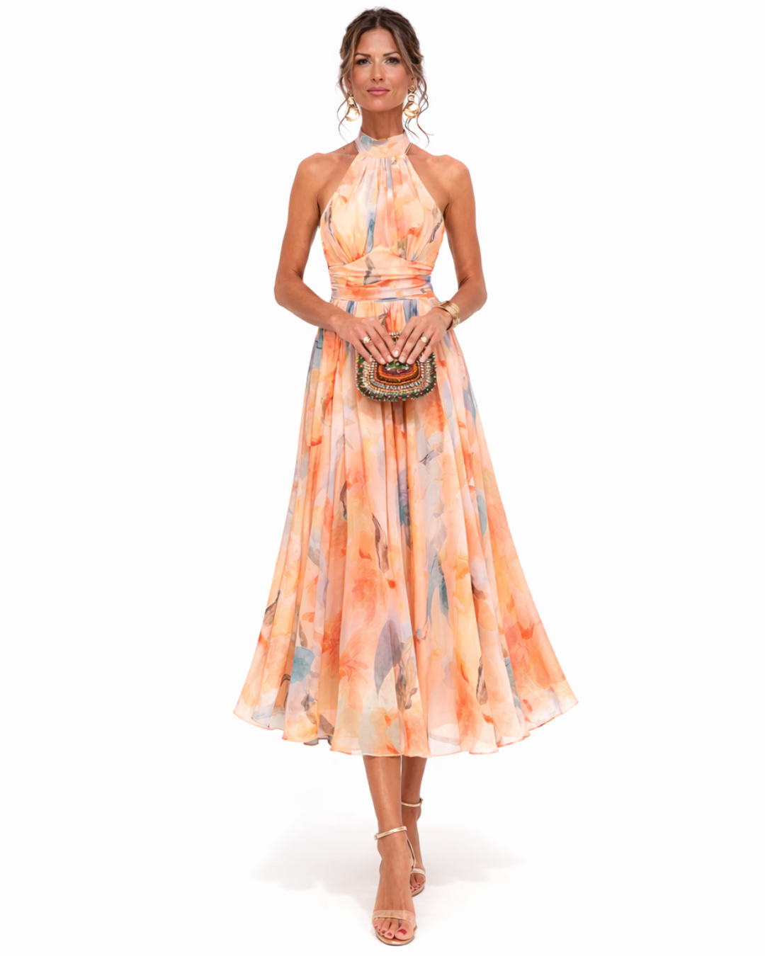 Dolores | Vestido comprido fluído com decote cabresto e estampado artístico