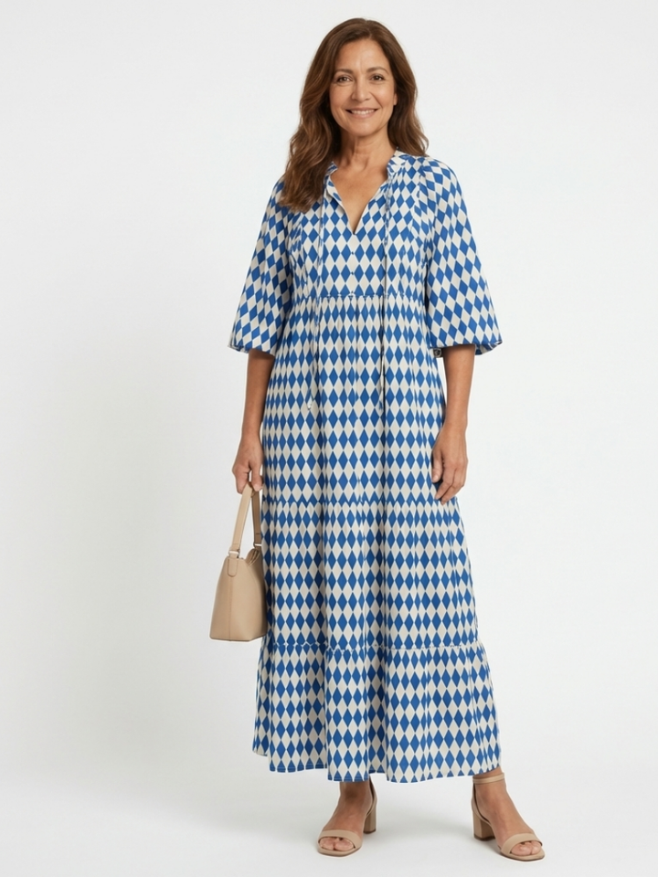 Elodie | Vestido Midi com Camadas e Estampado de Diamantes