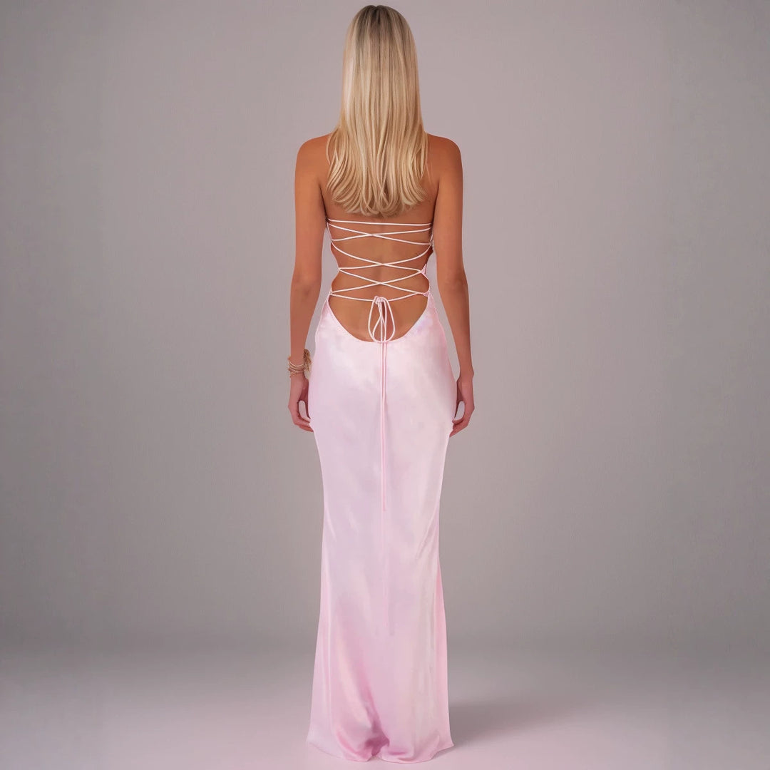 2025 European and American Cross-Border New Style Sexy Strapless Sequined Satin Solid Color Backless Tie-Up Bodycon Dress Summer Long Dress