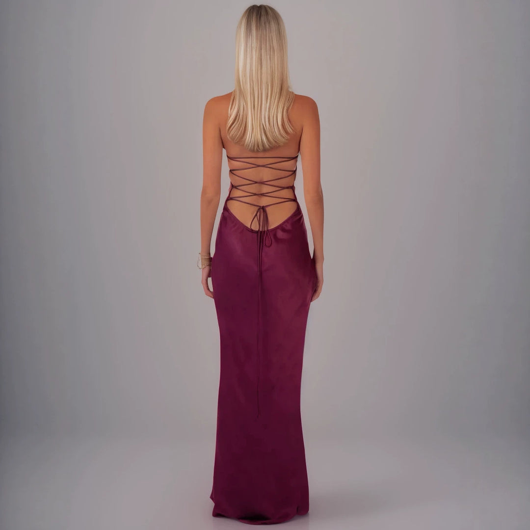 2025 European and American Cross-Border New Style Sexy Strapless Sequined Satin Solid Color Backless Tie-Up Bodycon Dress Summer Long Dress