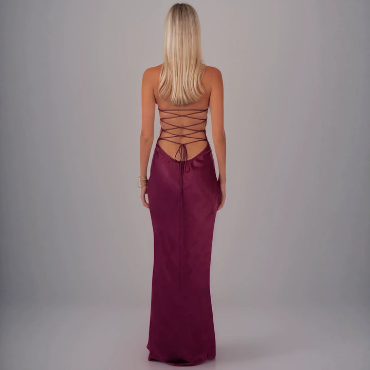 2025 European and American Cross-Border New Style Sexy Strapless Sequined Satin Solid Color Backless Tie-Up Bodycon Dress Summer Long Dress