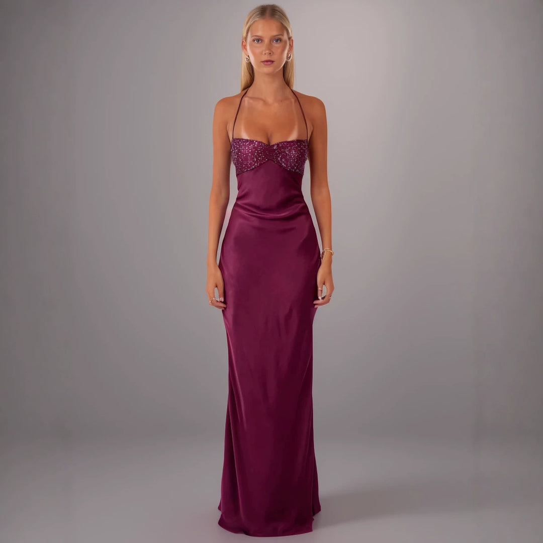 2025 European and American Cross-Border New Style Sexy Strapless Sequined Satin Solid Color Backless Tie-Up Bodycon Dress Summer Long Dress