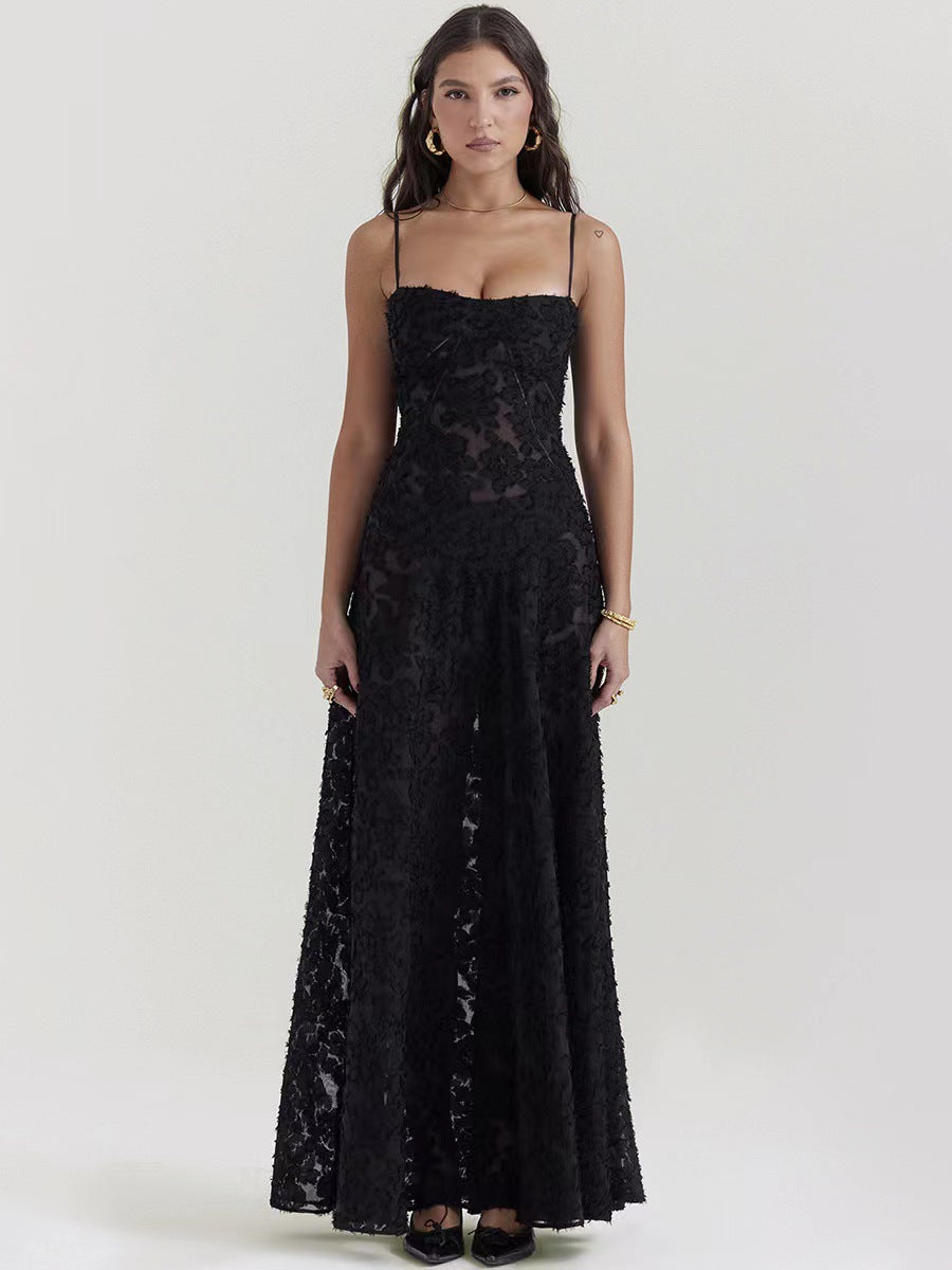 European and American New Square Neck French Lace-up Waist Black Perspective Long Sexy Strap Backless Dress