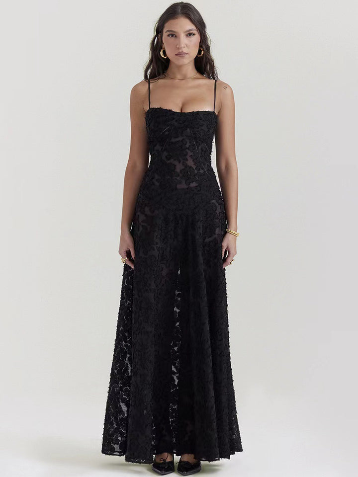 European and American New Square Neck French Lace-up Waist Black Perspective Long Sexy Strap Backless Dress