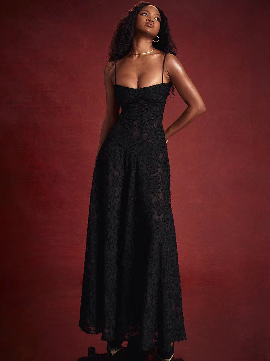 European and American New Square Neck French Lace-up Waist Black Perspective Long Sexy Strap Backless Dress