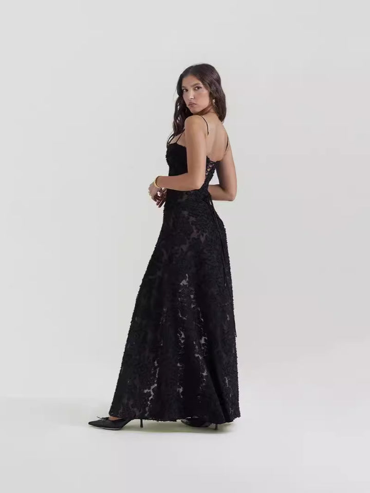 European and American New Square Neck French Lace-up Waist Black Perspective Long Sexy Strap Backless Dress