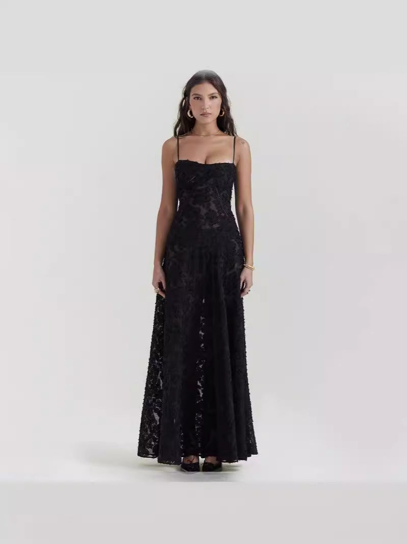 European and American New Square Neck French Lace-up Waist Black Perspective Long Sexy Strap Backless Dress
