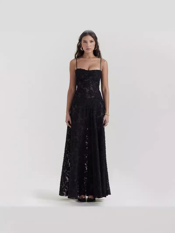 European and American New Square Neck French Lace-up Waist Black Perspective Long Sexy Strap Backless Dress