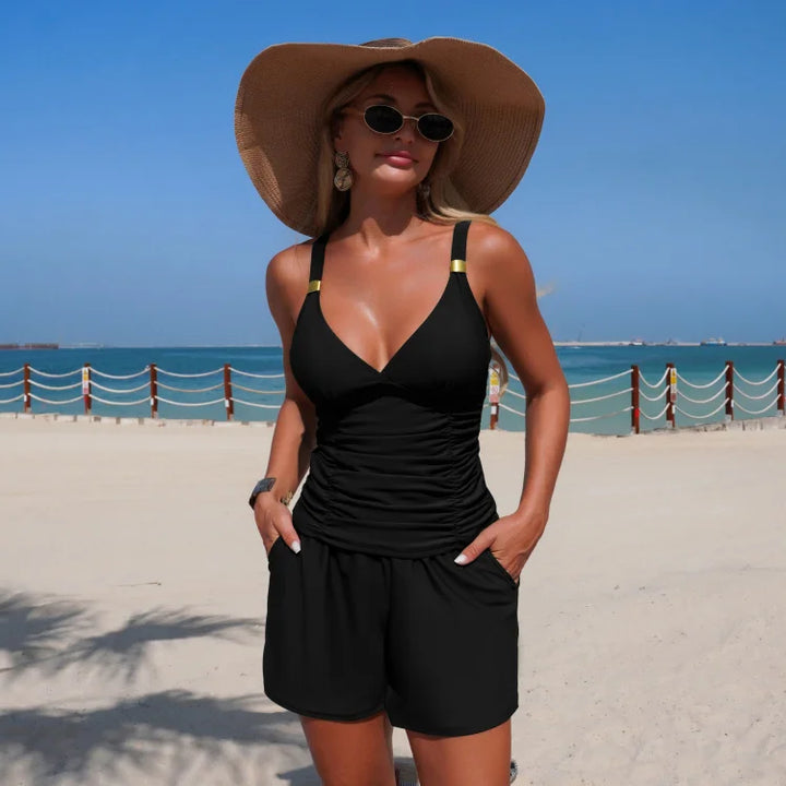 Harper | Conjunto de tankini drapeado com bolsos