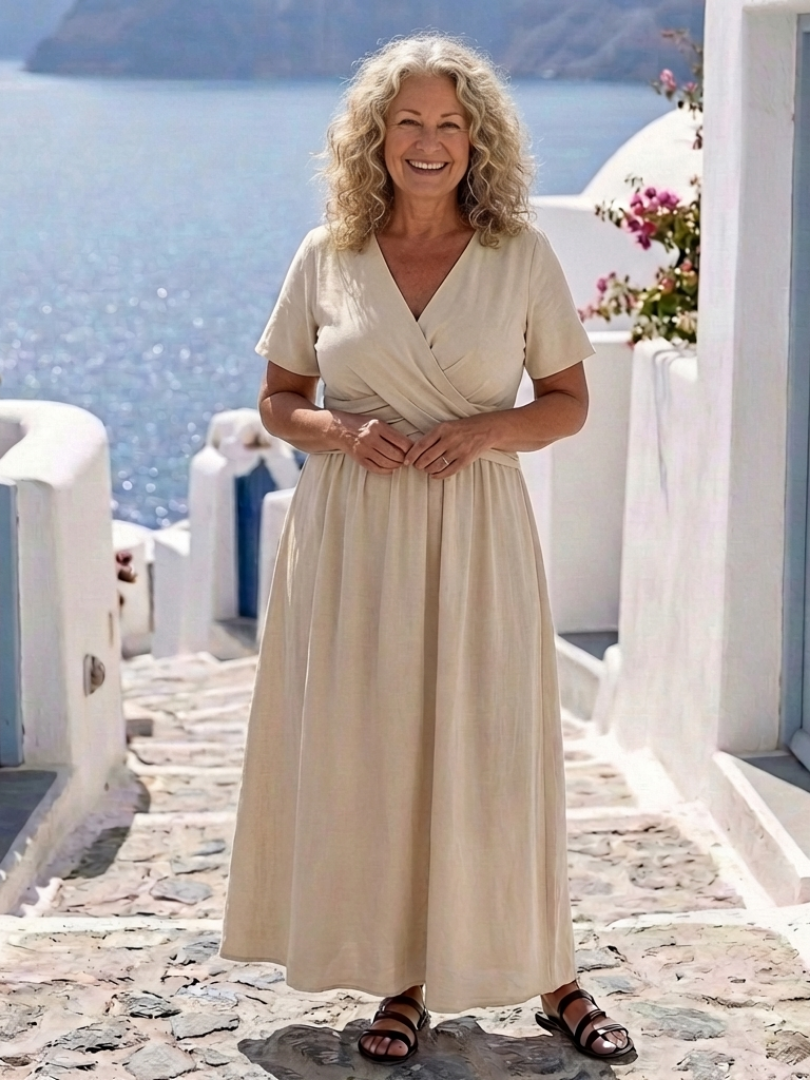 Alvara | Vestido Midi de Manga Curta com Decote em V e Cintura Envolvente