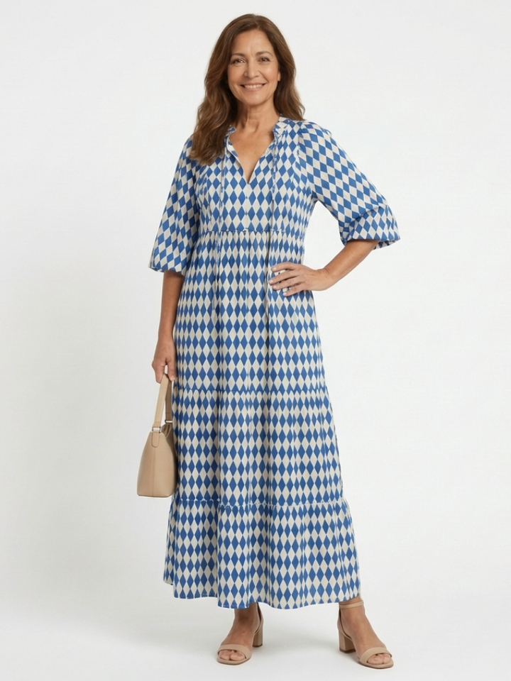 Elodie | Vestido Midi com Camadas e Estampado de Diamantes