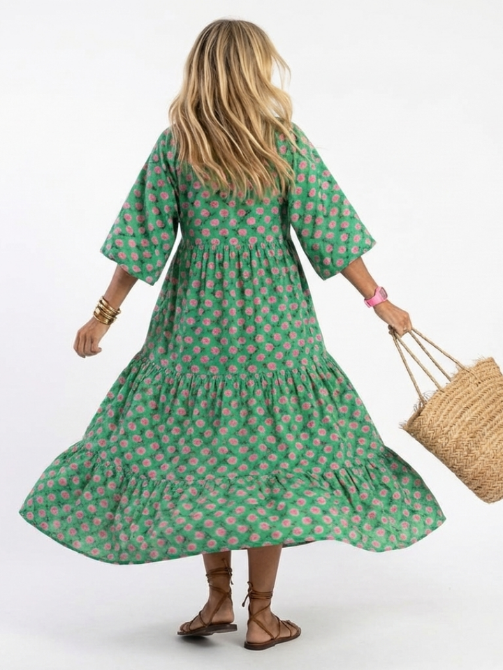 Fiora | Vestido Midi com Decote em V e Camadas com Padrão Floral