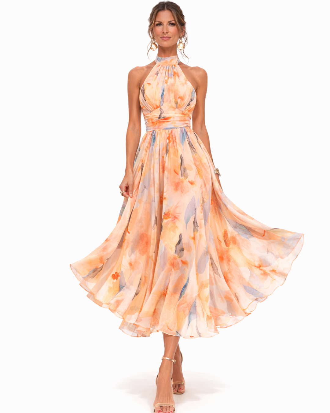 Dolores | Vestido comprido fluído com decote cabresto e estampado artístico