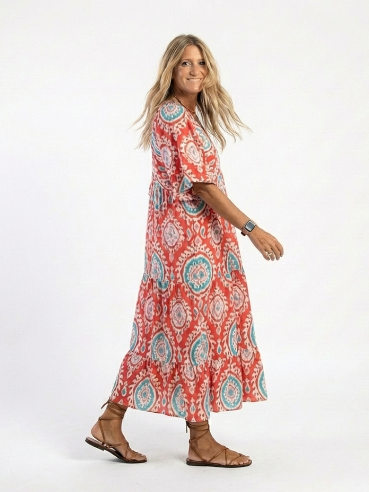 Zaria | Vestido Midi de Manga Curta com Decote em V e Estampado Paisley
