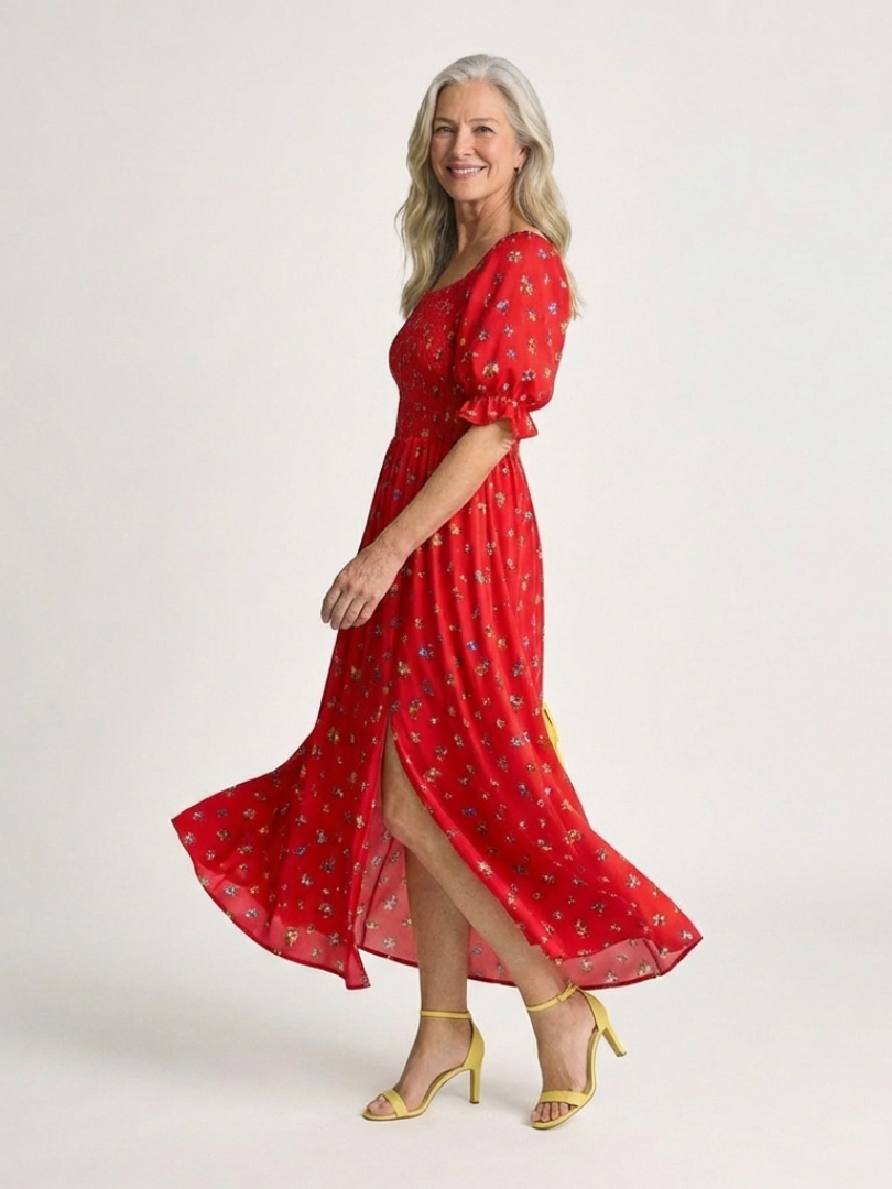 Delphine | Vestido Midi Floral com Mangas Bufantes e Decote Quadrado