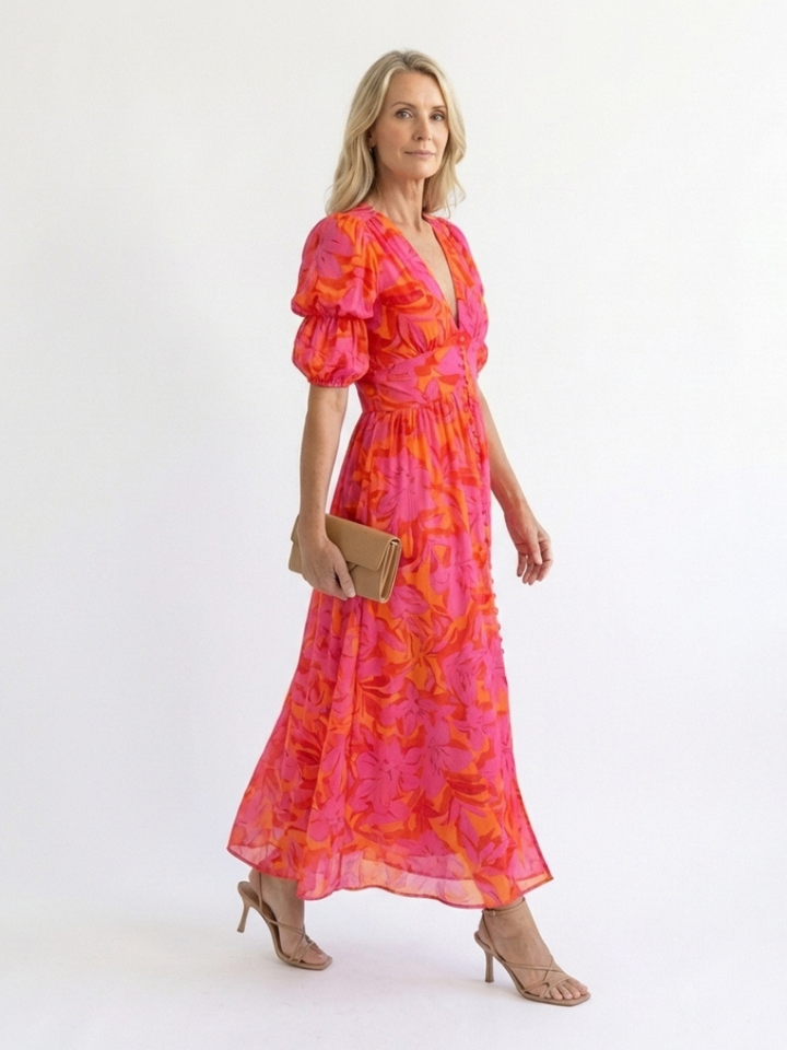 Willow | Vestido Midi com Manga Balão e Decote em V Floral