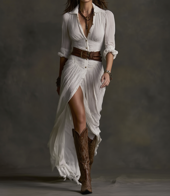 Aurora | Vestido Longo de Linho com Gola Invertida