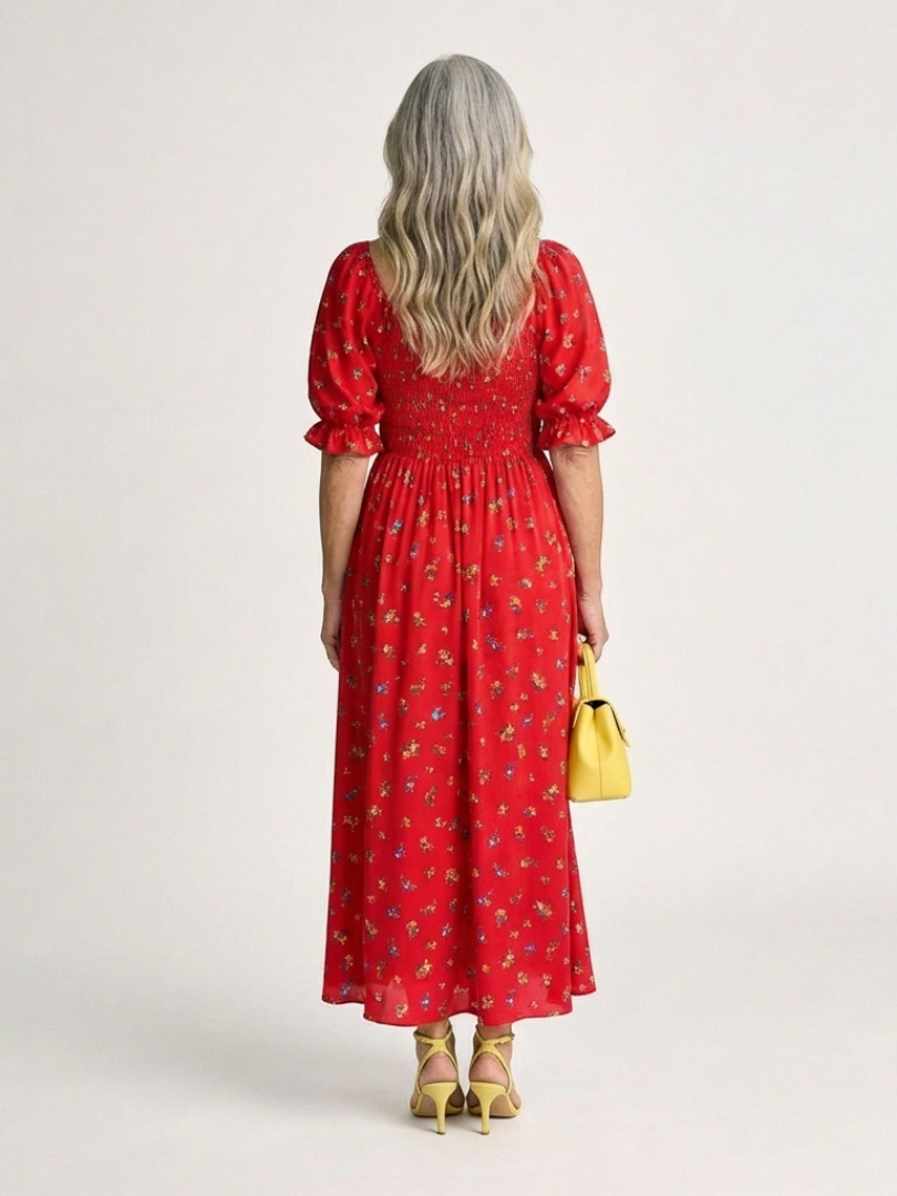 Delphine | Vestido Midi Floral com Mangas Bufantes e Decote Quadrado