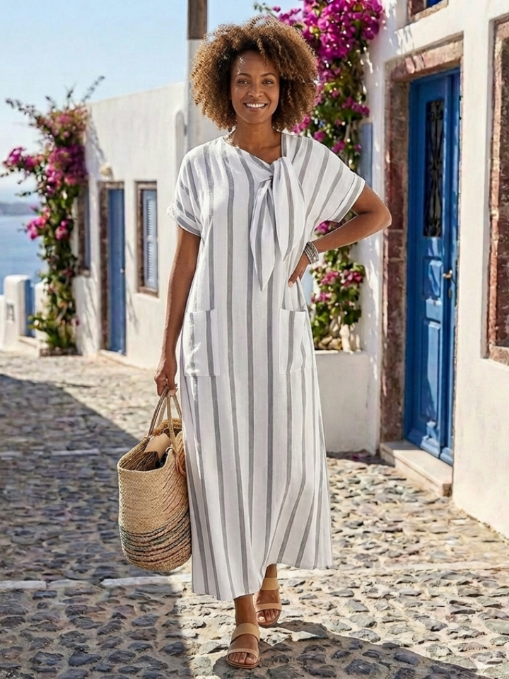 Elaris | Vestido Midi com Bolsos, Gola para Atar e Manga Curta às Riscas