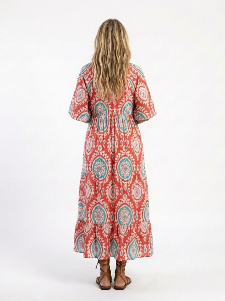 Zaria | Vestido Midi de Manga Curta com Decote em V e Estampado Paisley