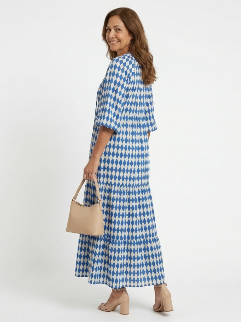 Elodie | Vestido Midi com Camadas e Estampado de Diamantes