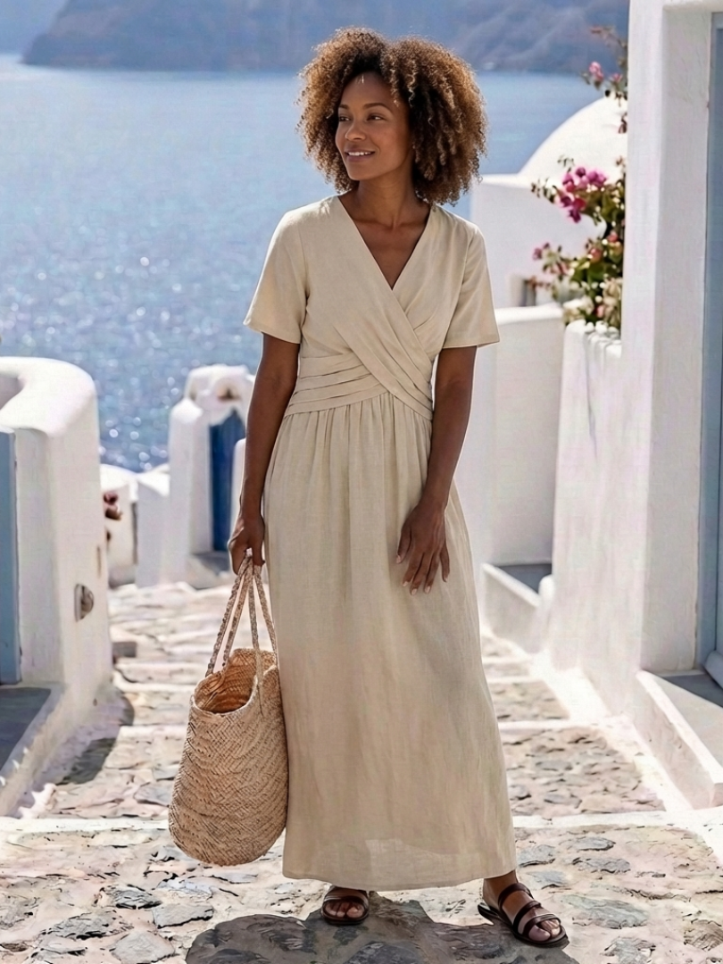 Alvara | Vestido Midi de Manga Curta com Decote em V e Cintura Envolvente