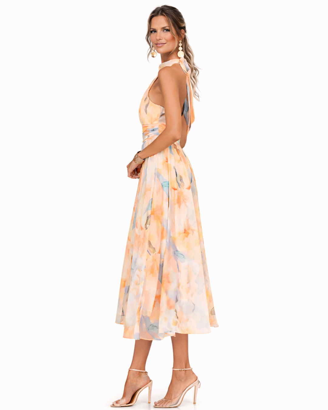 Dolores | Vestido comprido fluído com decote cabresto e estampado artístico