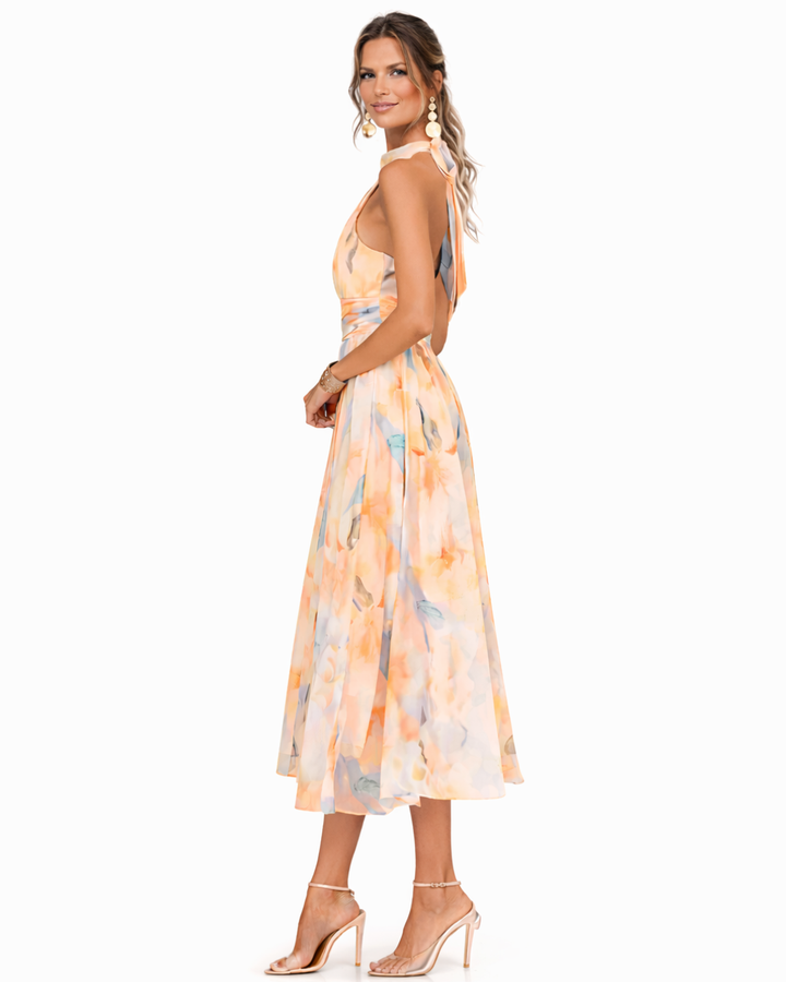 Dolores | Vestido comprido fluído com decote cabresto e estampado artístico