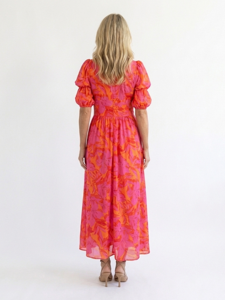 Willow | Vestido Midi com Manga Balão e Decote em V Floral
