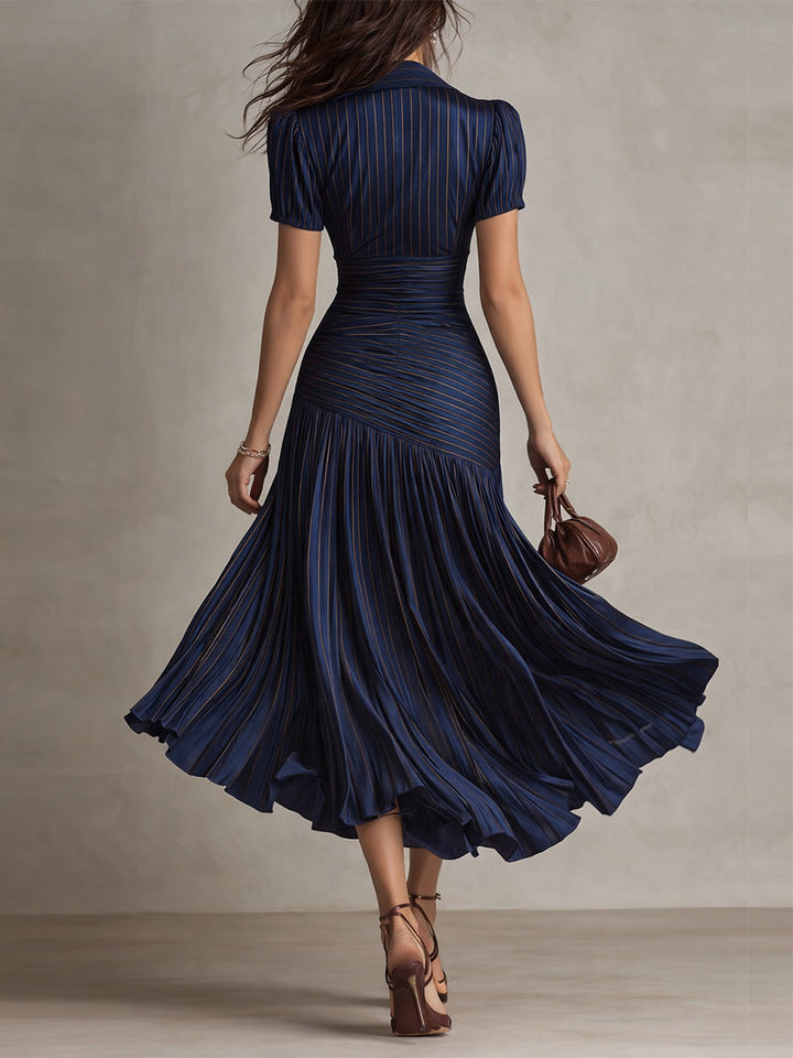Adriana | Vestido midi satinado de rayas retro