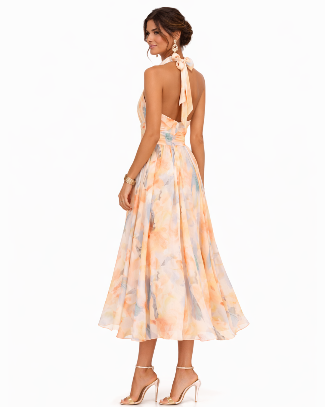 Dolores | Vestido comprido fluído com decote cabresto e estampado artístico