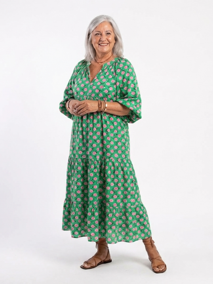 Fiora | Vestido Midi com Decote em V e Camadas com Padrão Floral