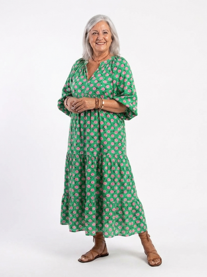 Fiora | Vestido Midi com Decote em V e Camadas com Padrão Floral