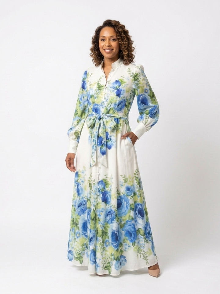 Harper | Vestido Maxi Floral de Manga Comprida com Botões Frontais