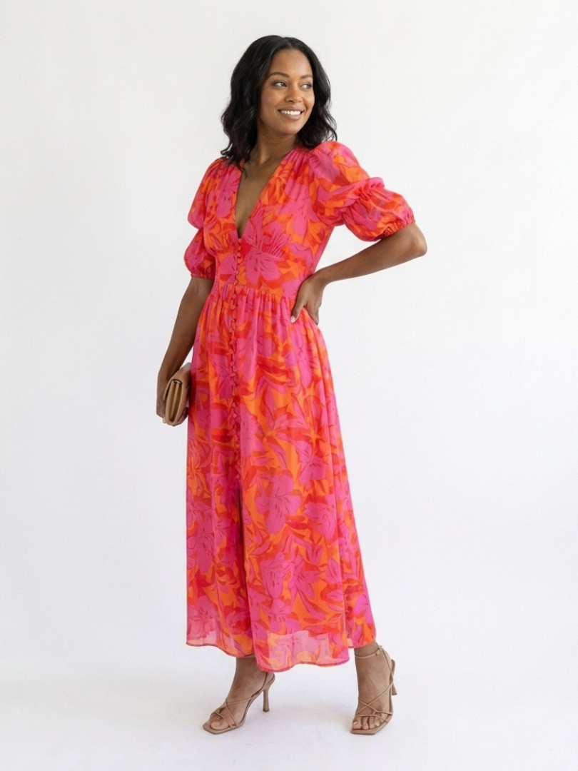 Willow | Vestido Midi com Manga Balão e Decote em V Floral