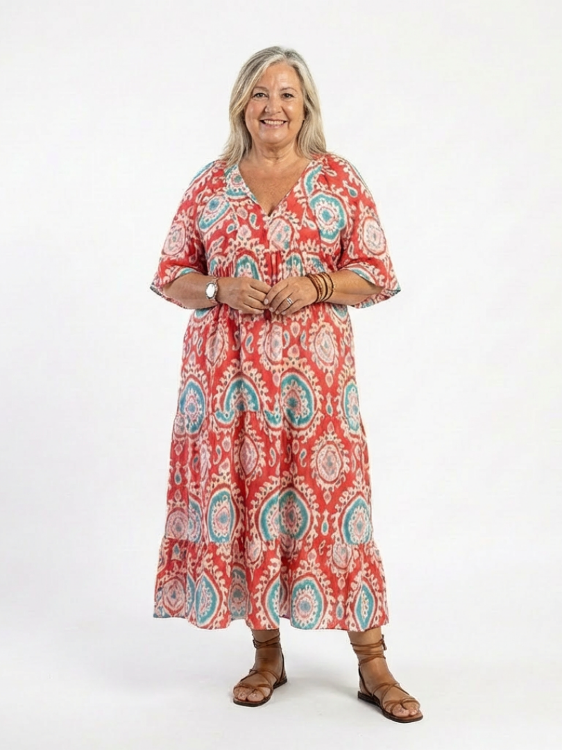 Zaria | Vestido Midi de Manga Curta com Decote em V e Estampado Paisley