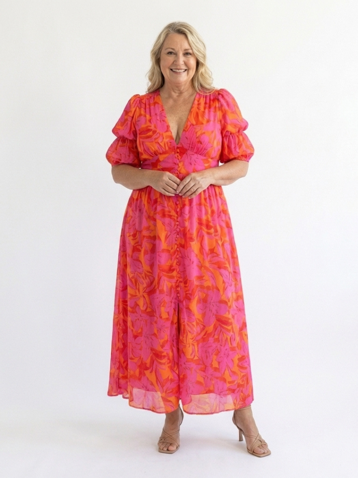 Willow | Vestido Midi com Manga Balão e Decote em V Floral