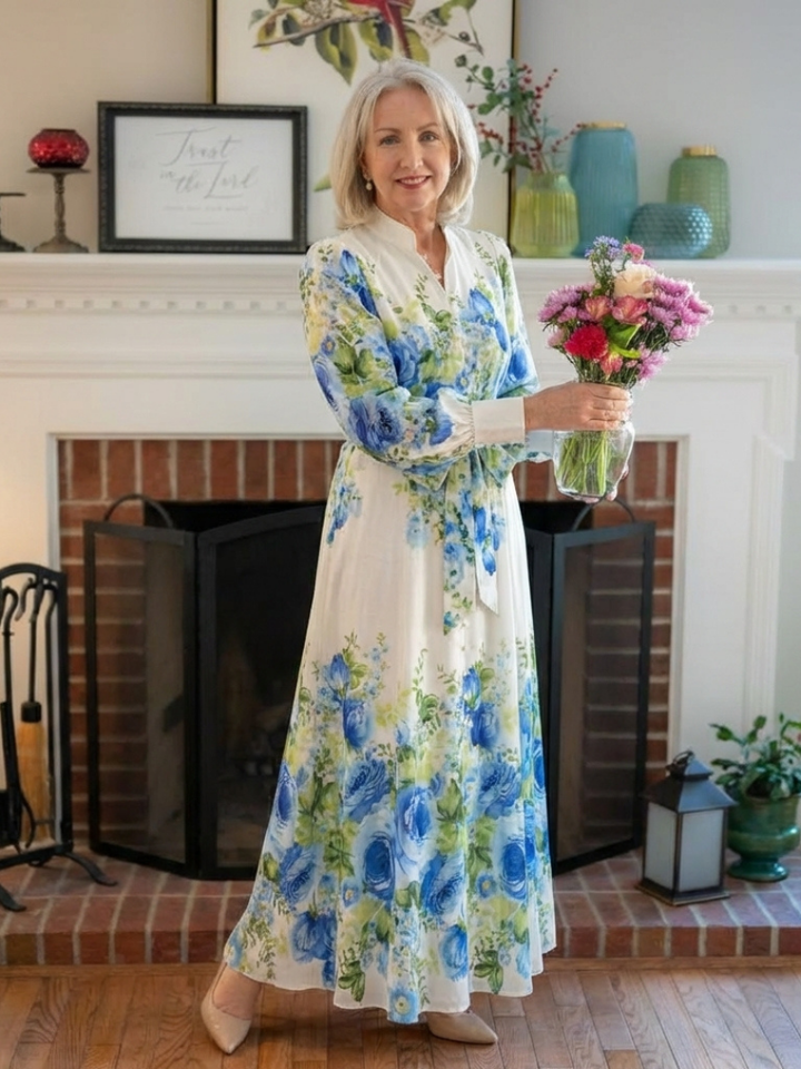 Harper | Vestido Maxi Floral de Manga Comprida com Botões Frontais