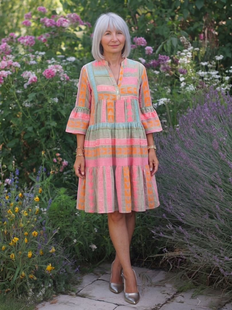 Maelle | Vestido Midi com Decote em V e Camadas, com Padrão Geométrico