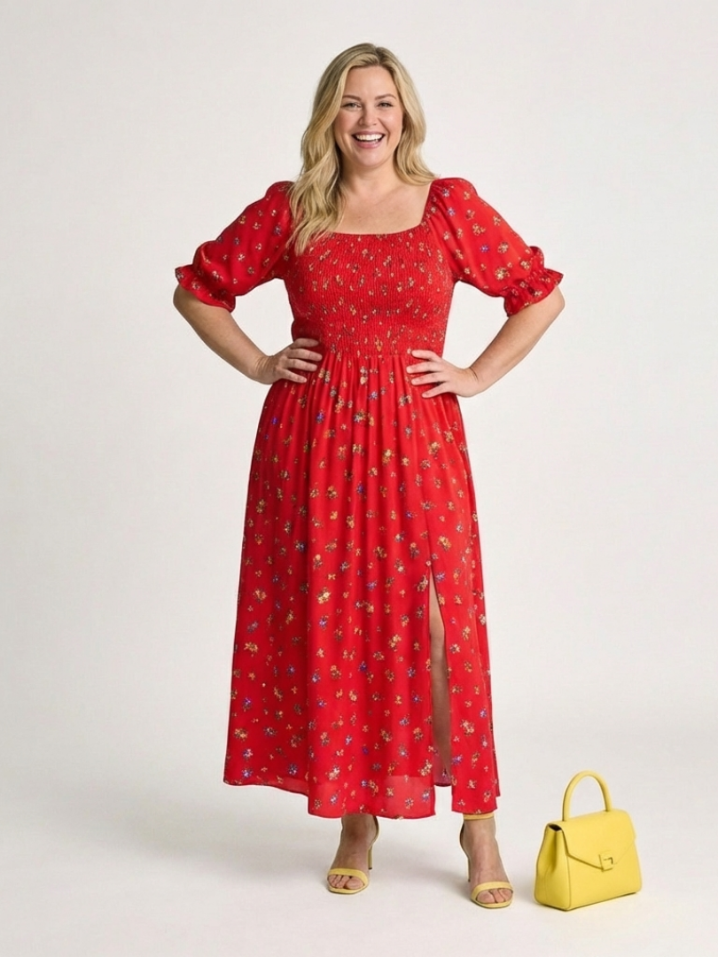 Delphine | Vestido Midi Floral com Mangas Bufantes e Decote Quadrado
