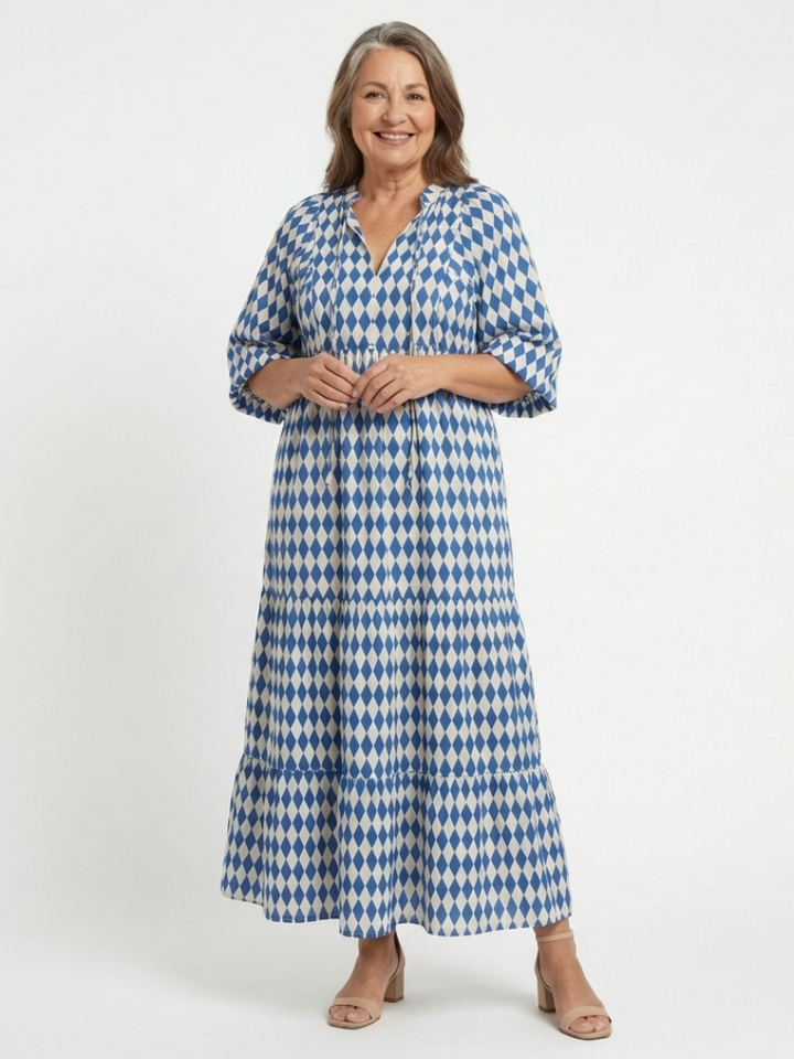 Elodie | Vestido Midi com Camadas e Estampado de Diamantes