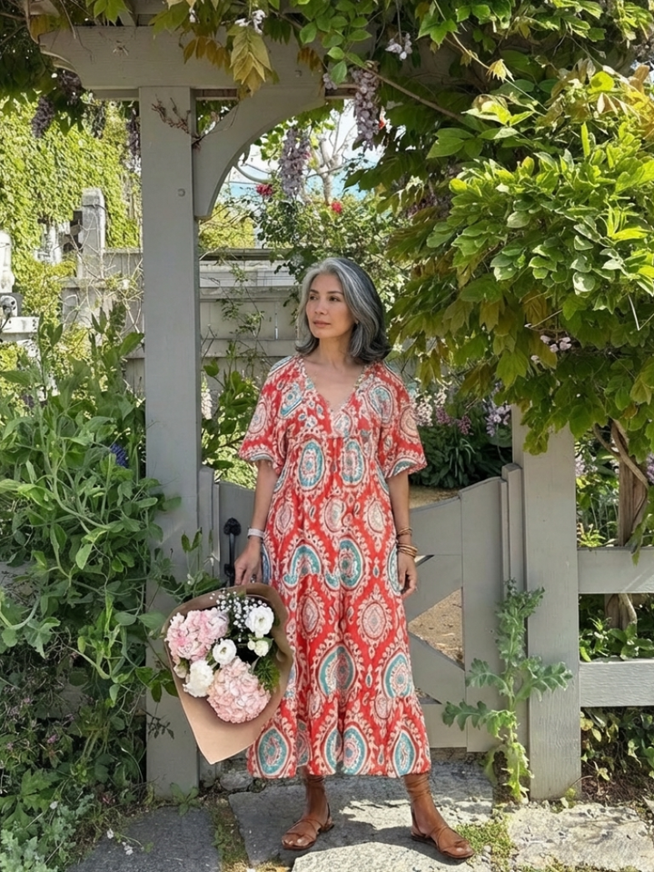 Zaria | Vestido Midi de Manga Curta com Decote em V e Estampado Paisley