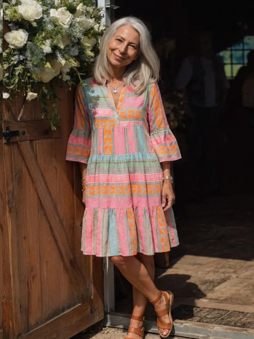 Maelle | Vestido Midi com Decote em V e Camadas, com Padrão Geométrico